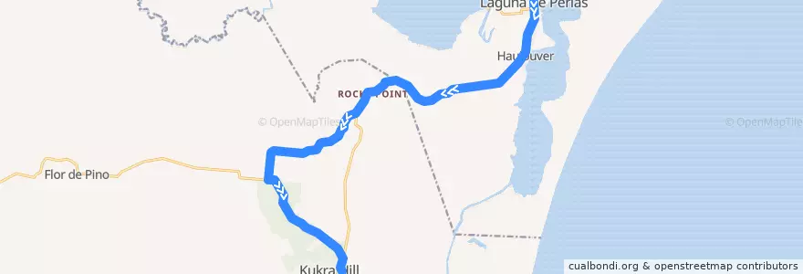 Mapa del recorrido Ruteado: Laguna de Perlas - Kukra Hill de la línea  en Región Autónoma de la Costa Caribe Sur.