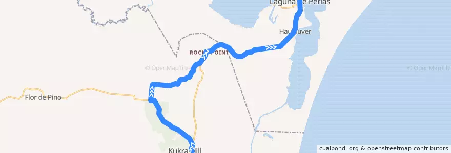 Mapa del recorrido Ruteado: Kukra Hill - Laguna de Perlas de la línea  en Atlántico Sur.