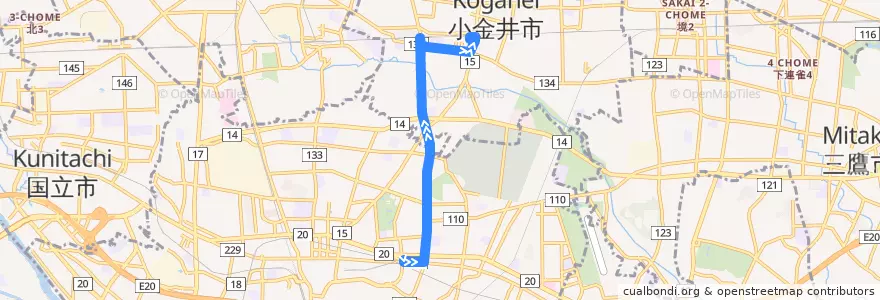 Mapa del recorrido 京王バス中央 府75 貫井南町一丁目 - 武蔵小金井駅南口 de la línea  en Tokio.