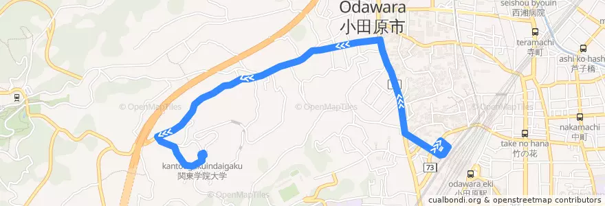 Mapa del recorrido 小田原駅西口⇔関東学院大学 de la línea  en 小田原市.