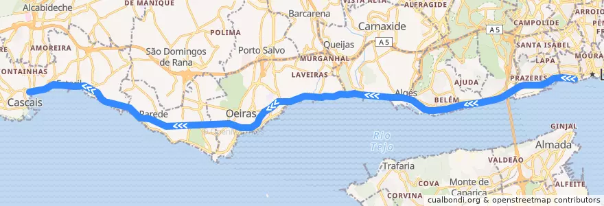 Mapa del recorrido Linha de Cascais: Cais do Sodré → Cascais de la línea  en Grande Lisboa.