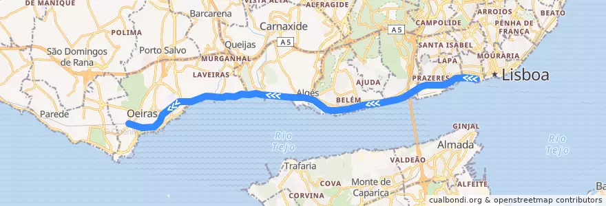 Mapa del recorrido Linha de Cascais: Cais do Sodré → Oeiras de la línea  en Großraum Lissabon.