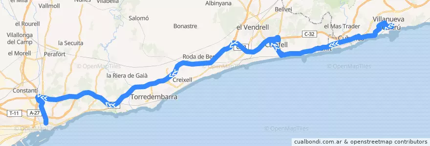 Mapa del recorrido Vilanova i la Geltrú - Tarragona de la línea  en Tarragona.