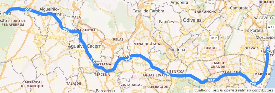 Mapa del recorrido Linha de Sintra: Oriente → Sintra de la línea  en Grande Lisboa.