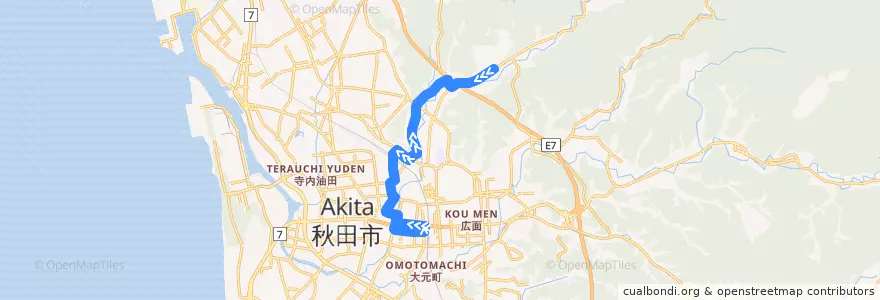 Mapa del recorrido 添川線 de la línea  en 秋田市.
