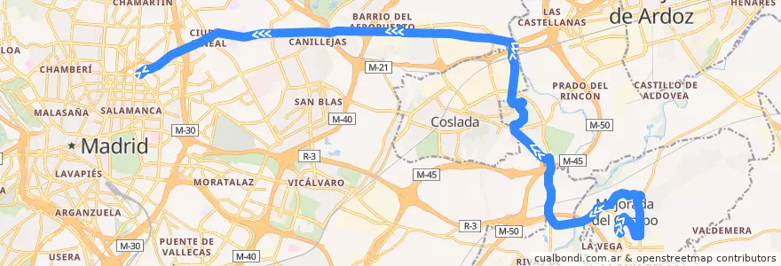 Mapa del recorrido Bus 282: Mejorada del Campo → Madrid (Avenida de América) de la línea  en منطقة مدريد.