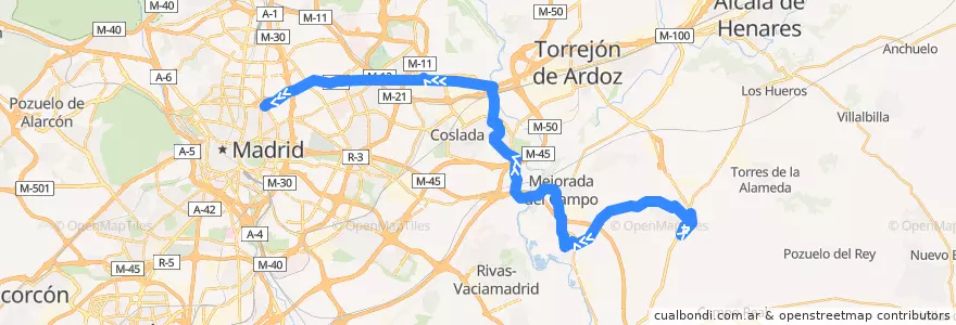 Mapa del recorrido Bus 284: Loeches → Madrid (Avenida de América) de la línea  en Communauté de Madrid.