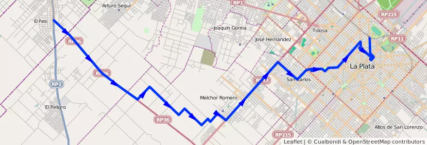 Mapa del recorrido 82 de la línea Oeste en Partido de La Plata.