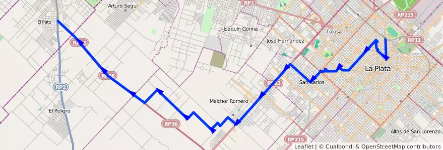 Mapa del recorrido 82 de la línea Oeste en Partido de La Plata.