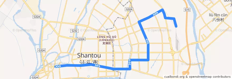 Mapa del recorrido 14路（金凤坛东→珠津工业区） de la línea  en Шаньтоу.