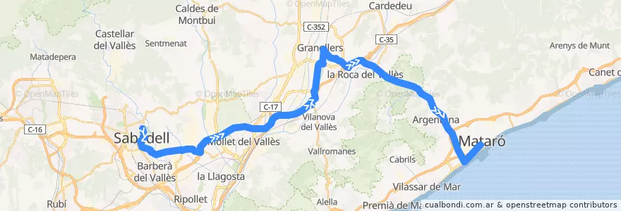 Mapa del recorrido e13: Sabadell - Granollers - Mataró de la línea  en Barcelona.