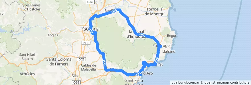Mapa del recorrido 41: Girona - Platja d'Aro - Palafrugell - la Bisbal - Girona de la línea  en Жирона.