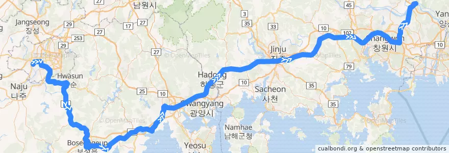 Mapa del recorrido 경전선 삼랑진역 방면 de la línea  en Coreia do Sul.