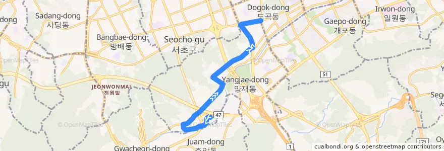 Mapa del recorrido 서초18-1 (양재역 행) de la línea  en Сеул.