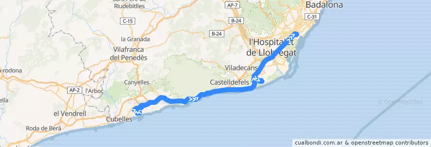 Mapa del recorrido e15.1: Vilanova i la Geltrú - Barcelona (Gran Via) de la línea  en برشلونة.