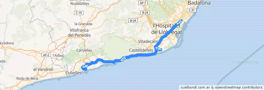 Mapa del recorrido e15.1: Barcelona (Gran Via) - Vilanova i la Geltrú de la línea  en Барселона.