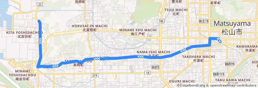 Mapa del recorrido 三津吉田線 (松山市駅 - 金比羅前) de la línea  en 松山市.