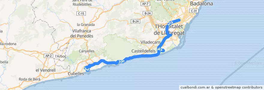 Mapa del recorrido e15.2: Vilanova i la Geltrú - Barcelona (Diagonal) de la línea  en Barcelona.
