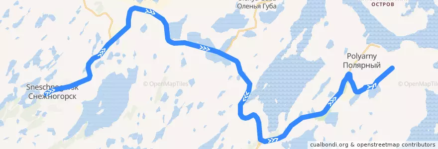 Mapa del recorrido Снежногорск-Полярный de la línea  en Alexandrovsk, Murmansk Oblast.