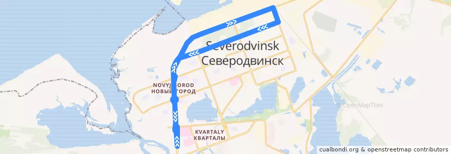 Mapa del recorrido Автобус 5: Морской проспект - Беломорский проспект (1-я смена) de la línea  en городской округ Северодвинск.