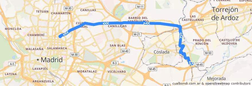 Mapa del recorrido Bus 281: San Fernando - Madrid (Avenida de América) de la línea  en Área metropolitana de Madrid y Corredor del Henares.