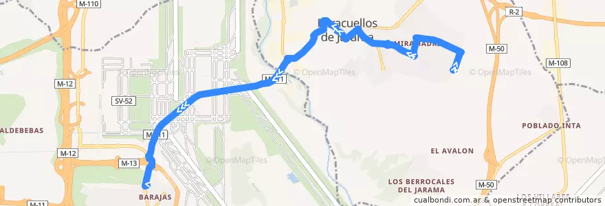 Mapa del recorrido 214 Paracuellos - Madrid (Barajas) de la línea  en منطقة مدريد.