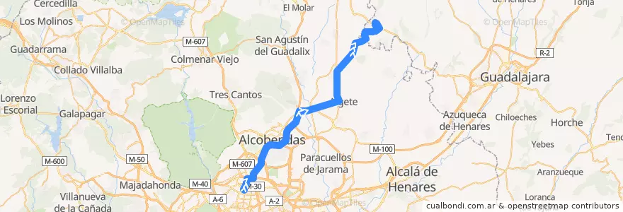 Mapa del recorrido Bus 184: Madrid - El Casar de Talamanca de la línea  en Comunidad de Madrid.