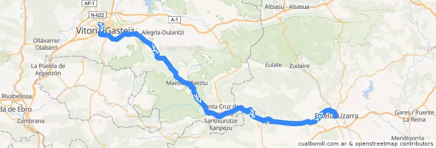 Mapa del recorrido A6 Vitoria-Gasteiz → Santa Cruz de Campezo/Santikurutze Kanpezu → Estella/Lizarra de la línea  en إسبانيا.