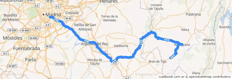 Mapa del recorrido 326: Diebres - Mondéjar - Madrid de la línea  en Espagne.