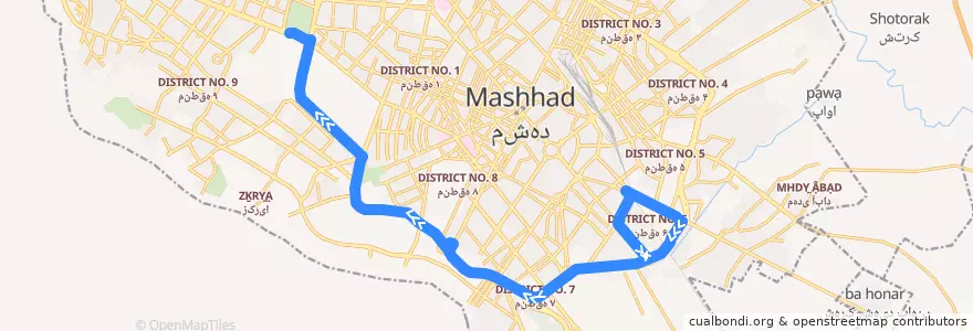 Mapa del recorrido ۱۰۰ de la línea  en Mashhad.