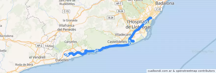 Mapa del recorrido e16: Sitges - Barcelona (Gran Via) de la línea  en Барселона.