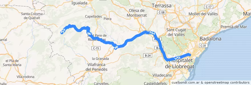 Mapa del recorrido e18: Sant Sadurní d'Anoia - Barcelona (AP-7) de la línea  en Barcelona.
