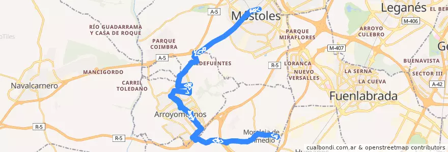 Mapa del recorrido Bus 498: Móstoles - Arroyomolinos - Moraleja de Enmedio de la línea  en بخش خودمختار مادرید.