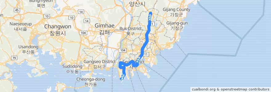 Mapa del recorrido 부산 도시철도 1호선 de la línea  en Busan.