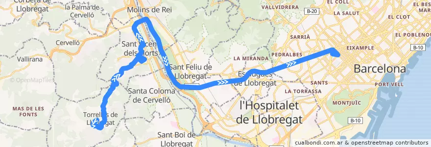 Mapa del recorrido e20: Torrelles de Llobregat - Sant Vicenç dels Horts - Barcelona (Diagonal) de la línea  en Barcelone.