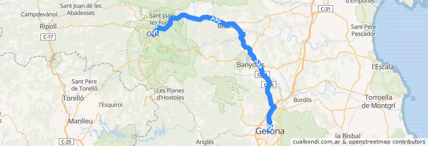 Mapa del recorrido e1: Olot - Besalú - Girona de la línea  en Жирона.