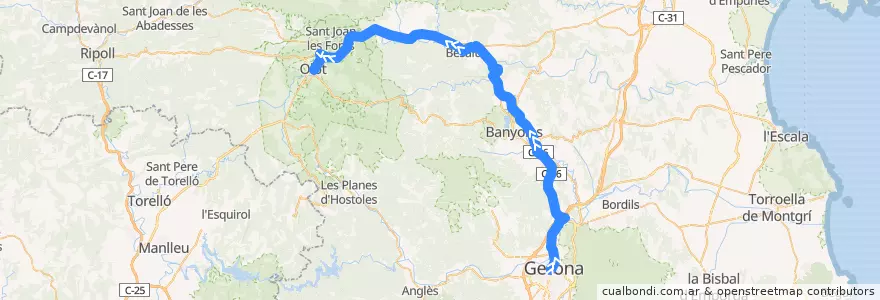 Mapa del recorrido e1: Girona - Besalú - Olot de la línea  en Girona.
