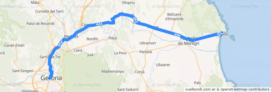 Mapa del recorrido e2: L'Estartit - Torroella de Montgrí - Girona de la línea  en Girona.