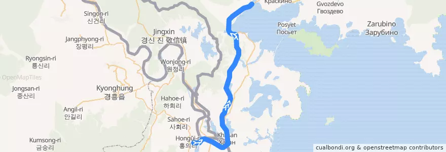 Mapa del recorrido 평양–우쑤리스크 de la línea  en .