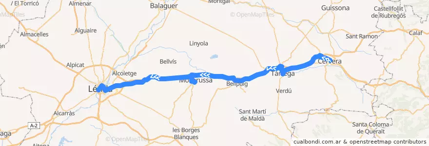 Mapa del recorrido e1: Cervera - Lleida de la línea  en Lérida.