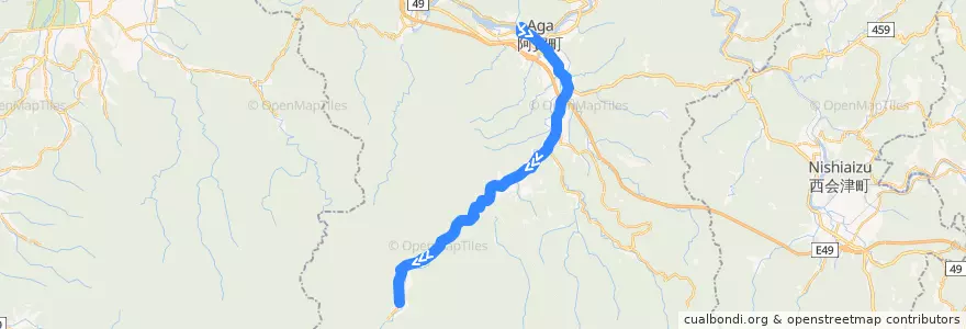 Mapa del recorrido 津川-上川支所-室谷 de la línea  en 阿賀町.