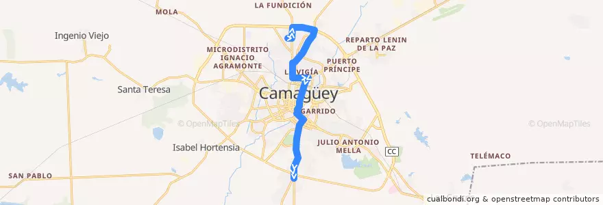 Mapa del recorrido ruta 1 Villa Mariana - Yaba de la línea  en Ciudad de Camagüey.
