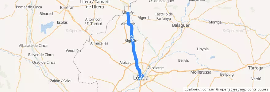 Mapa del recorrido e2: Lleida - Alfarràs de la línea  en Ségria.