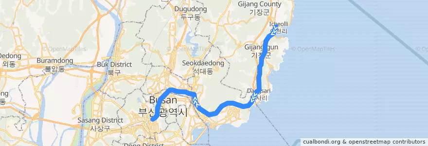 Mapa del recorrido 동해선 광역전철: 일광 → 부전 de la línea  en Пусан.