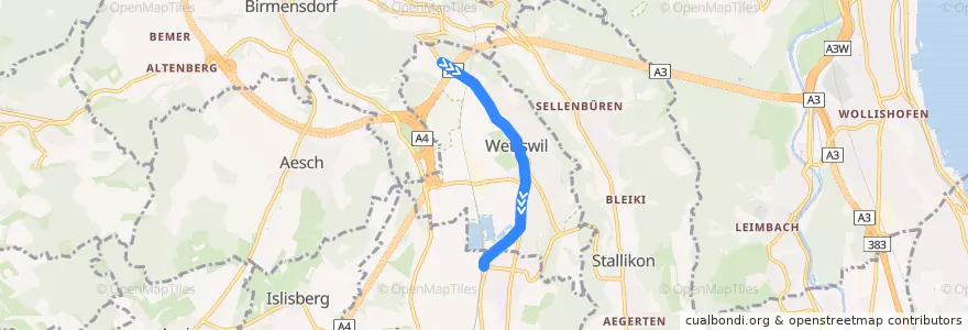 Mapa del recorrido Bus 229: Wettswil a.A., Heidenchilen - Bonstetten-Wettswil, Bahnhof de la línea  en Wettswil am Albis.