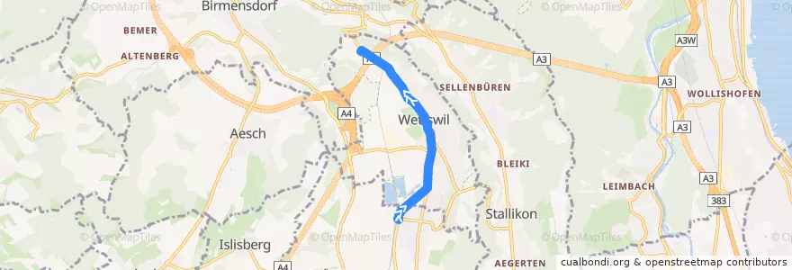 Mapa del recorrido Bus 229: Bonstetten-Wettswil, Bahnhof - Wettswil a.A., Heidenchilen de la línea  en Wettswil am Albis.