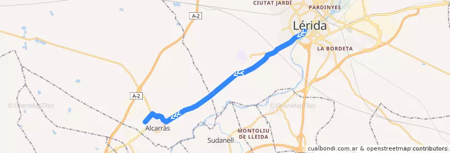 Mapa del recorrido e3: Lleida - Alcarràs de la línea  en Ségria.
