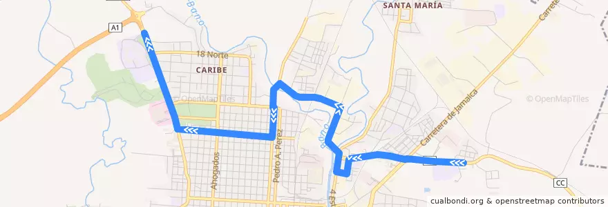 Mapa del recorrido Ruta 10: Villa Toa => Vocacional de la línea  en Ciudad de Guantánamo.