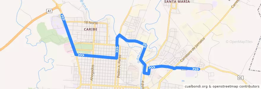 Mapa del recorrido Ruta 10: Vocacional => Villa Toa de la línea  en Ciudad de Guantánamo.