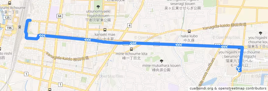 Mapa del recorrido 関東自動車バス ベルモール⇒宇都宮駅東口 de la línea  en Utsunomiya.